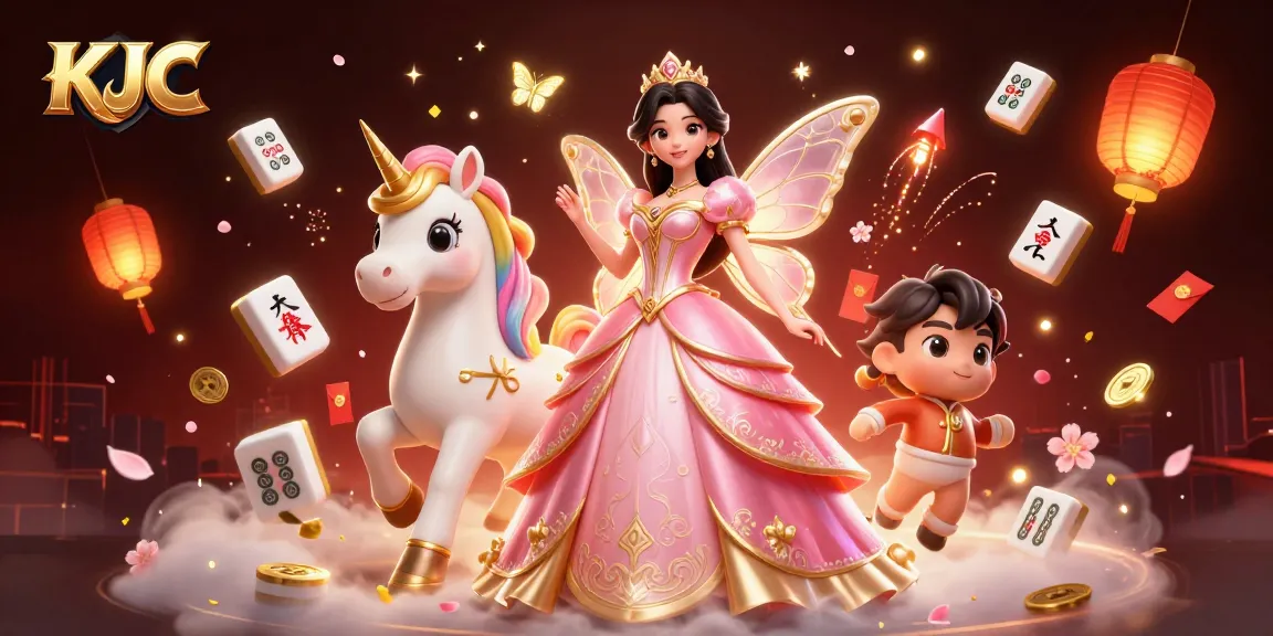 KJC promotes online gaming excitement with a glamorous scene featuring an Asian woman and a golden unicorn amidst vibrant casino elements.