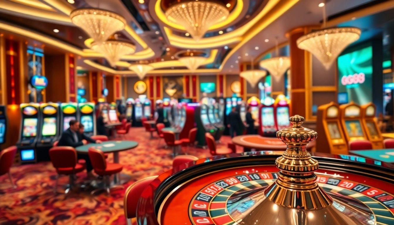 Engaging players in action at GG88 casino with vibrant slot machines and poker tables.