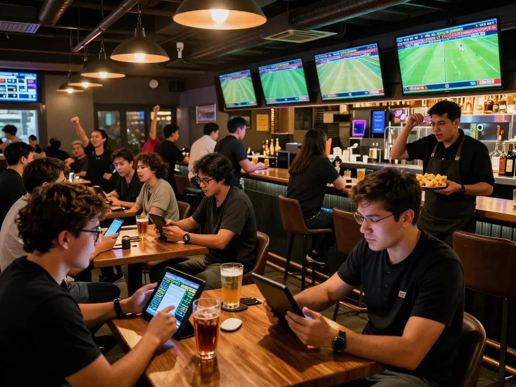 Engaged fans placing bets on kèo nhà cái hôm nay while watching live football matches at a modern sports bar.