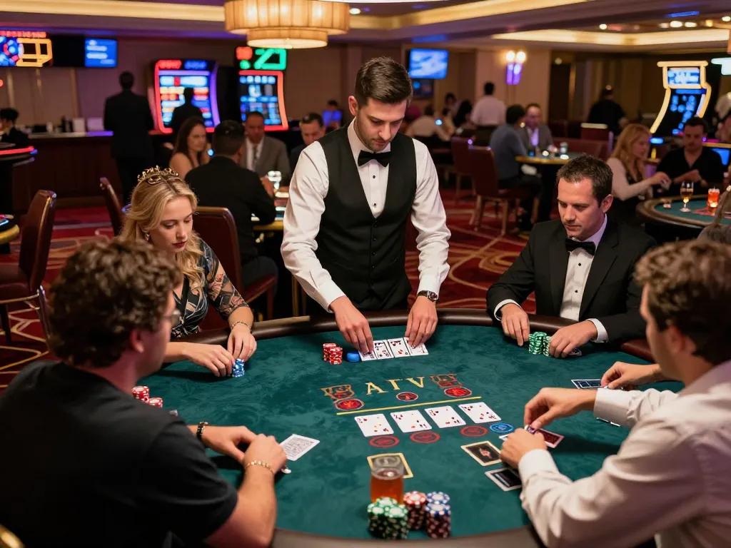 Players enjoying an engaging C168 blackjack game in a lively casino with vibrant lights and chips