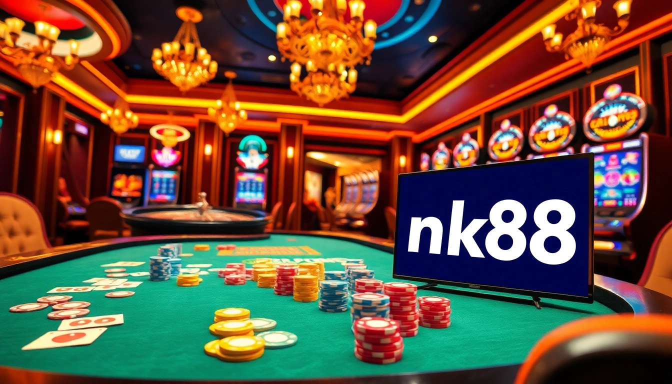 Exciting scene of gamblers at a casino table showcasing nk88 poker chips and cards in action.