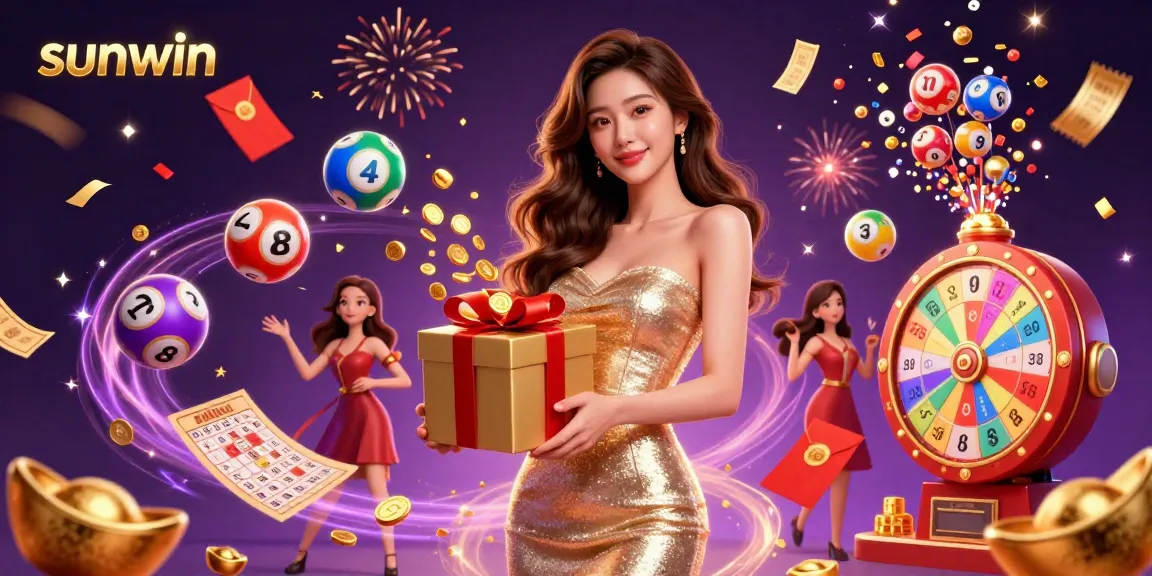 Win big with Sunwin! A vibrant casino scene featuring an elegant woman amidst golden coins and festive decorations.