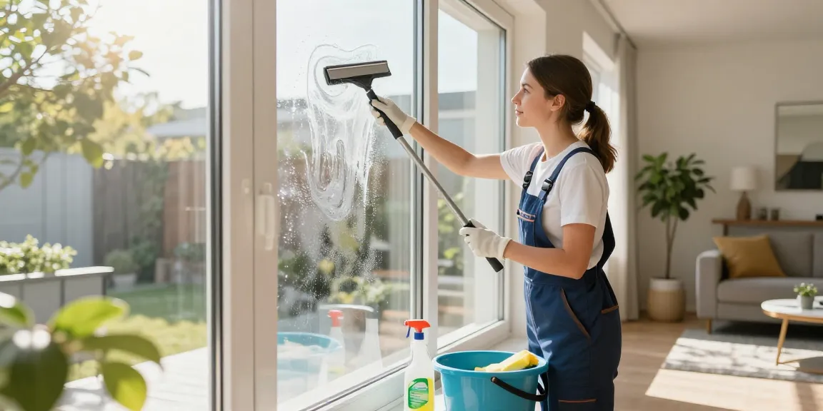 Professional cleaner demonstrating glasreinigung preis while washing windows, showcasing sparkling cleanliness in a modern home.