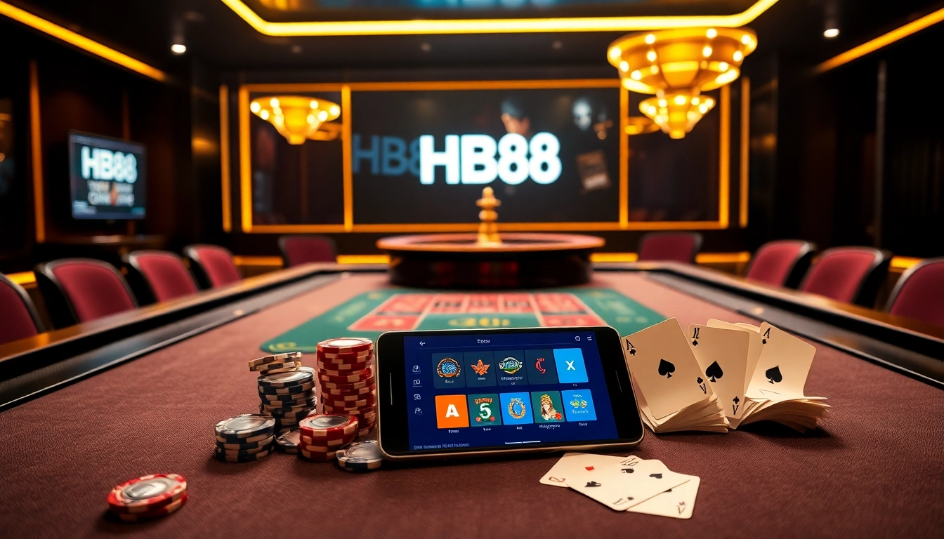Experience the excitement of HB88 at a luxurious casino setting with vibrant poker chips and cards.