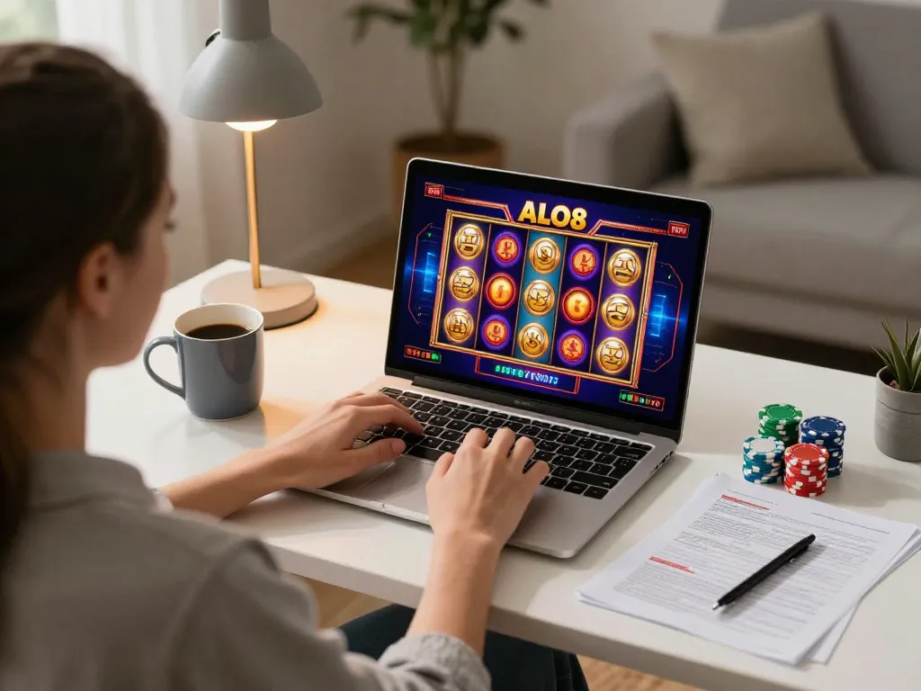 Person playing ALO8 casino games online in a cozy home office setting with vibrant slot graphics.