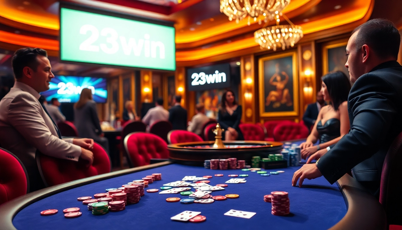 23win poker table filled with colorful chips and cards in a luxurious casino environment.