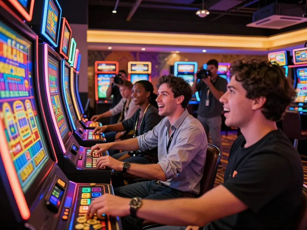 Nổ hũ visualizing players celebrating wins at a vibrant slot machine area in a casino.