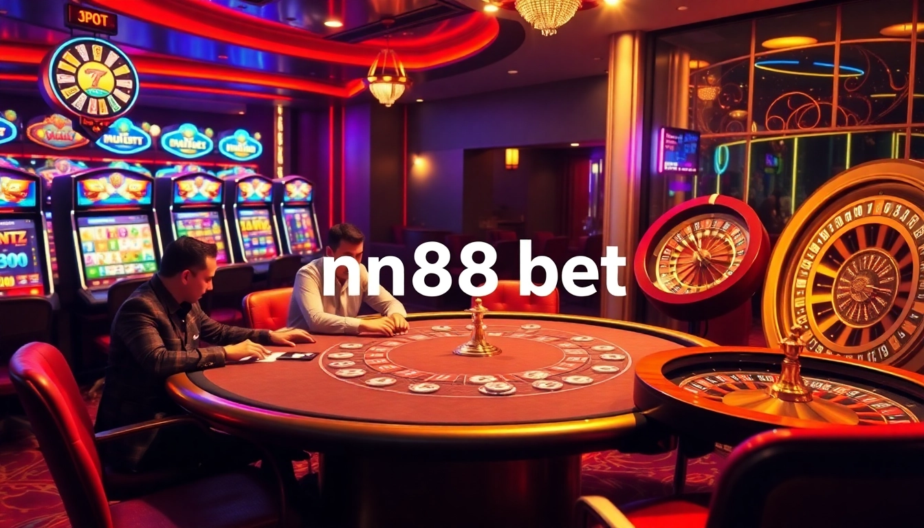 Players engaged in a high-stakes game at NN88 bet's luxurious casino table with vibrant slot machines in the background.