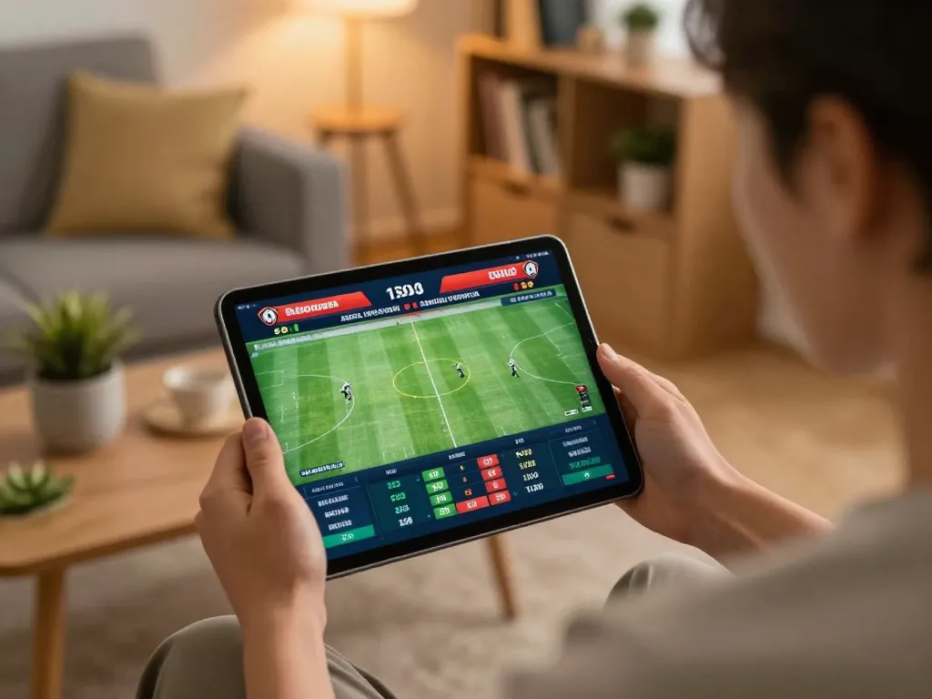 Engaging in trang cá cược bóng đá through online betting app in a cozy home setting.
