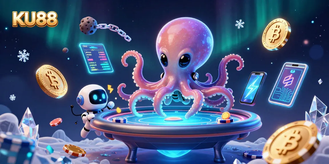 KU88 invites players to experience poker through a cosmic illustration with an alien octopus and robot.