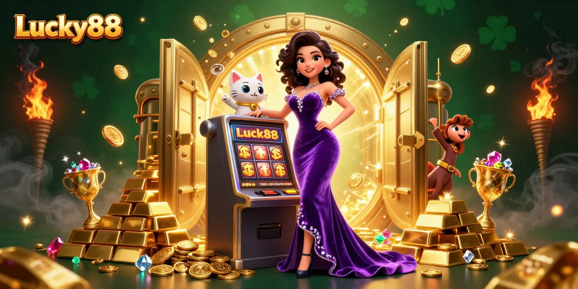 Get lucky with Lucky88 slot machine as coins and treasures erupt in a vibrant casino scene.