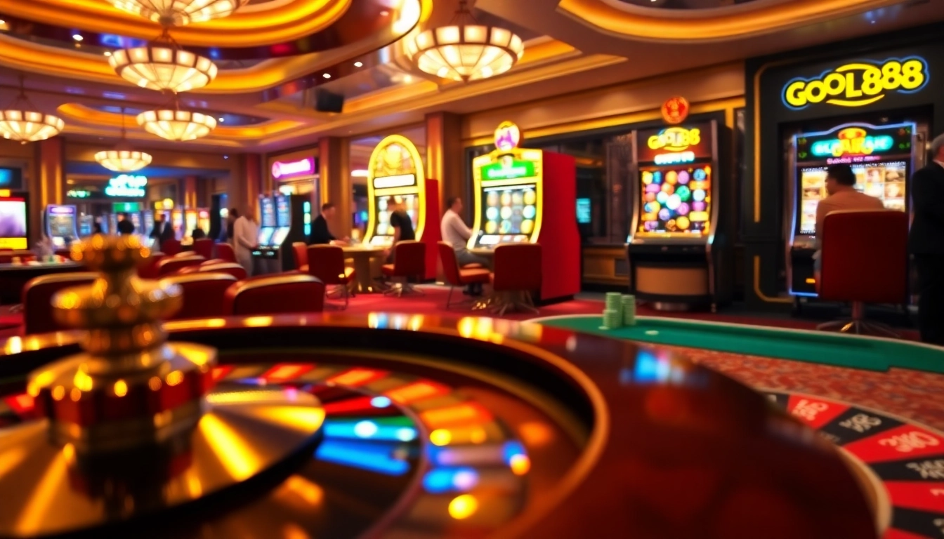 Engaging players at GOOD88 casino enjoy a vibrant roulette wheel and poker table.