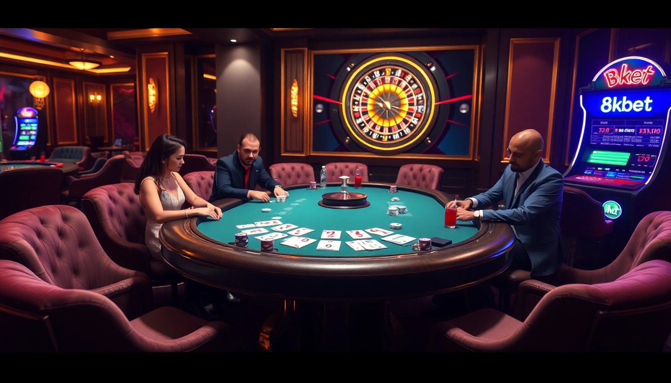 Players enjoying poker at a vibrant casino table showcasing 8kbet.