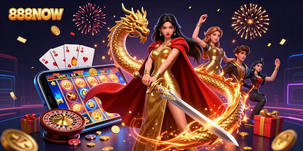 Experience the thrill of 888NOW with this vibrant 3D illustration showcasing a warrior queen and a golden dragon amidst casino gaming elements.