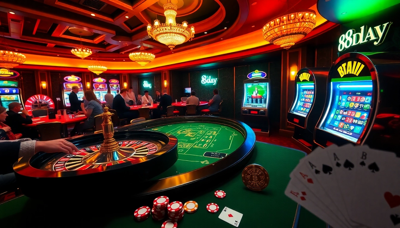 Experience the thrill of 8DAY in a vibrant casino atmosphere with roulette and slot machines.