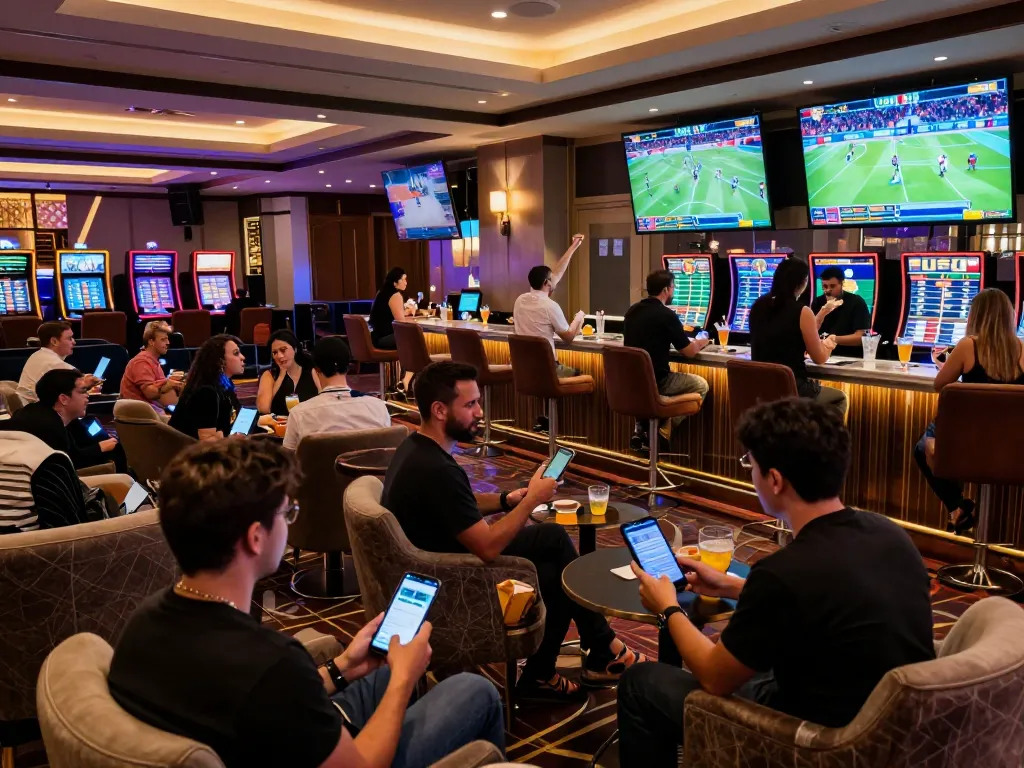 86bet bettors engaging in lively discussions while placing bets in an upscale sports betting lounge.