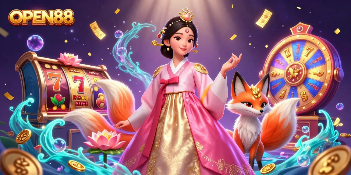 Experience thrilling wins at OPEN88 with colorful slot reels and lucky symbols in a vibrant casino scene.