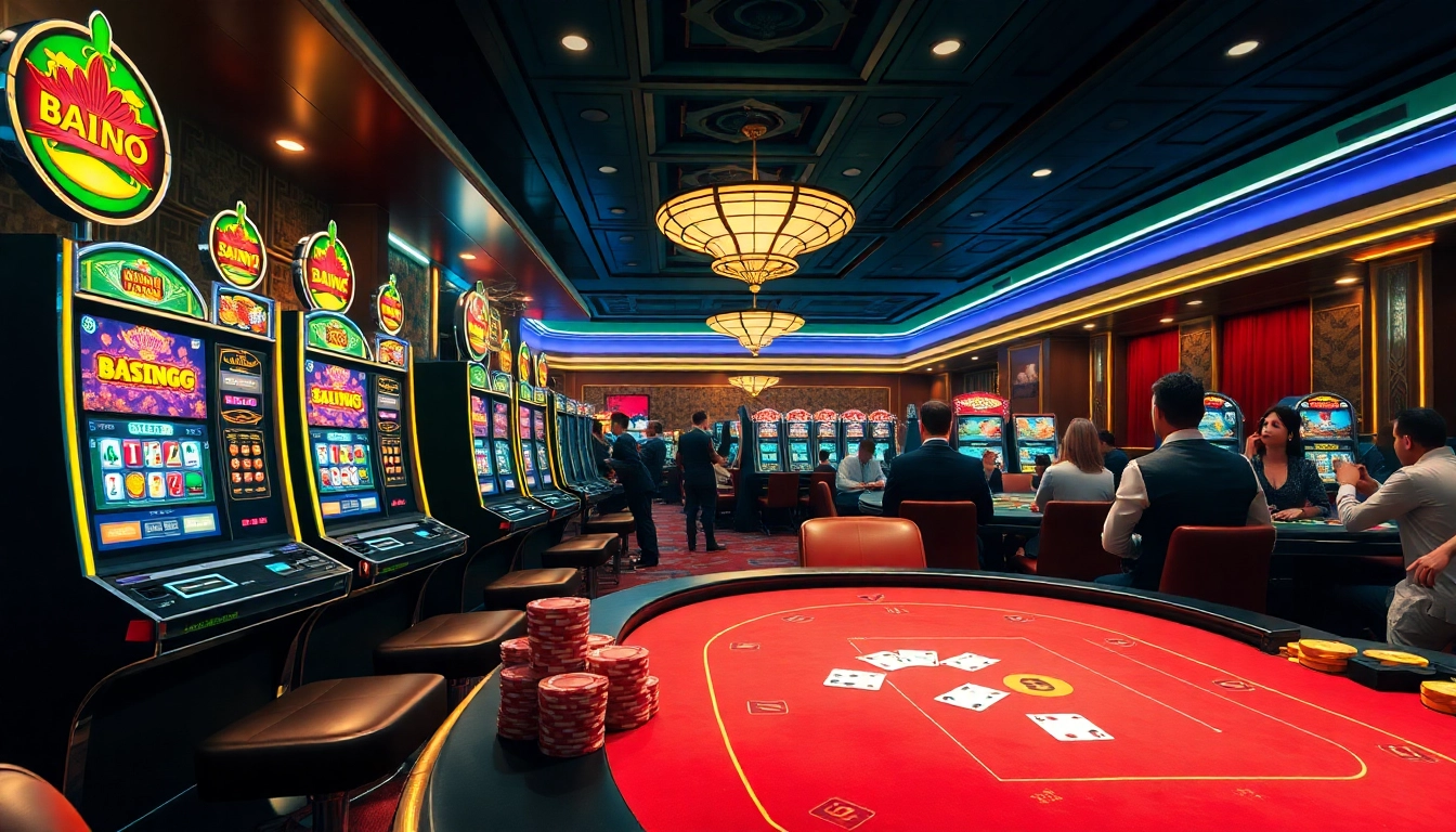 Nổ Hũ Đổi Thưởng experience at a luxurious casino with colorful slot machines and poker tables.