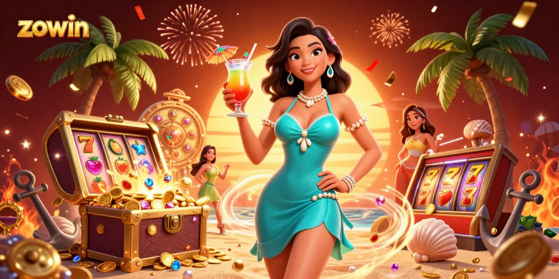 Zowin offers thrilling casino action with slots and golden coins exploding around a glamorous setting.