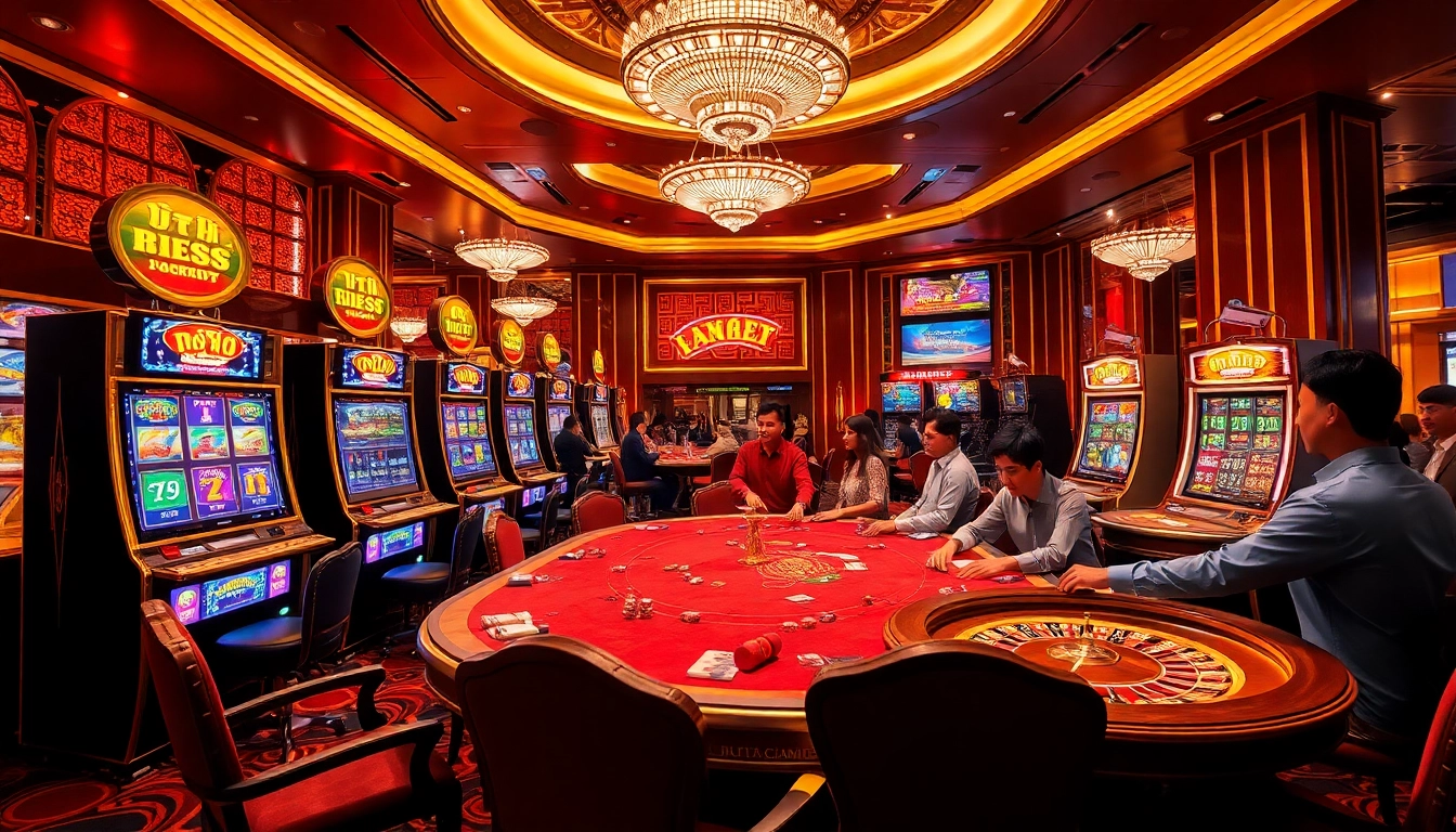 Players engaging with nổ hũ slot machines in a glamorous casino setting filled with vibrant colors and dynamic lighting.