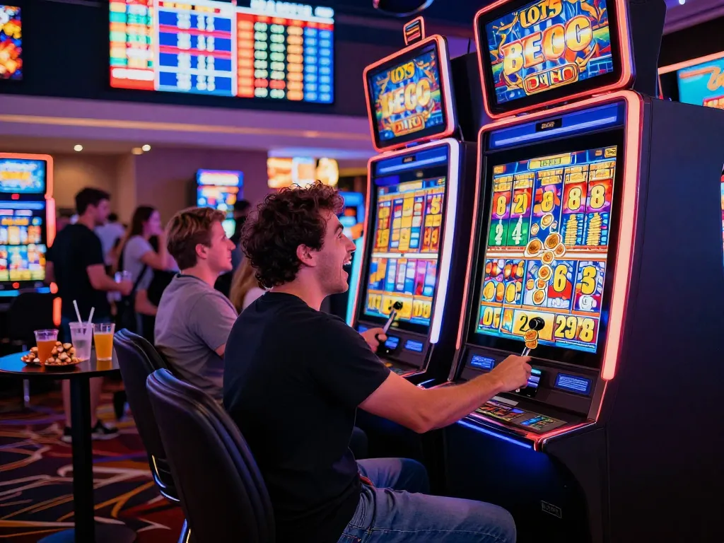 Player experiencing excitement at the Lucky 88 slot machine in a vibrant casino.