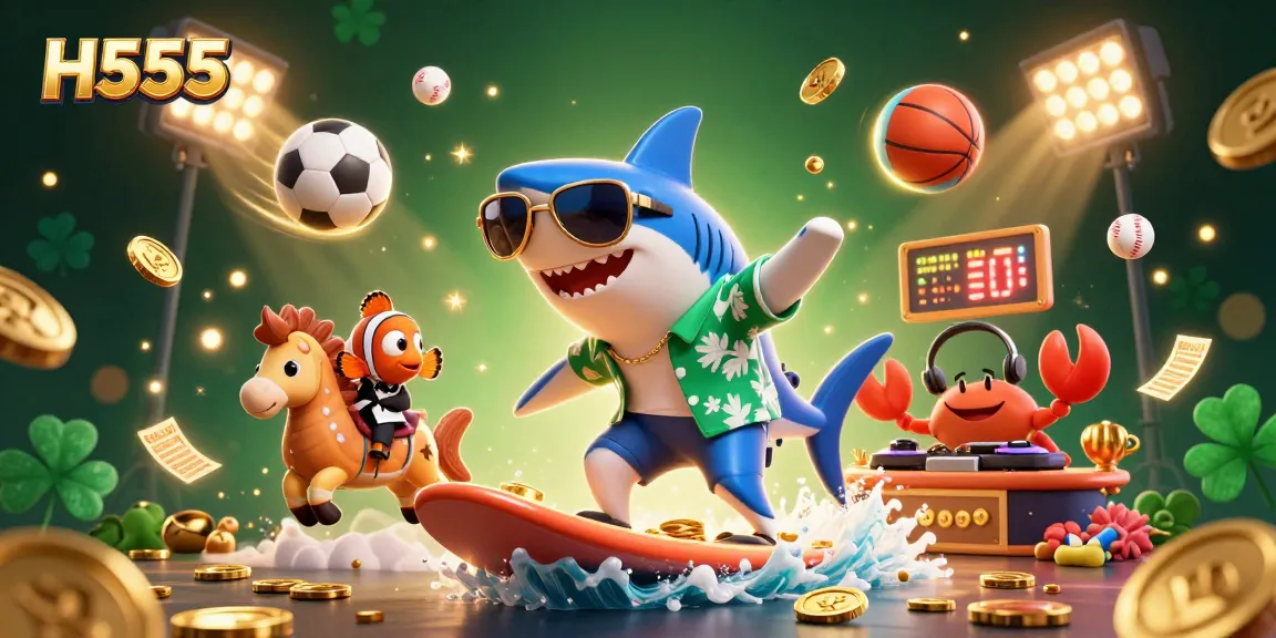 H555 offers exciting sports betting, featuring vibrant cartoon characters celebrating wins against a dynamic gaming backdrop.