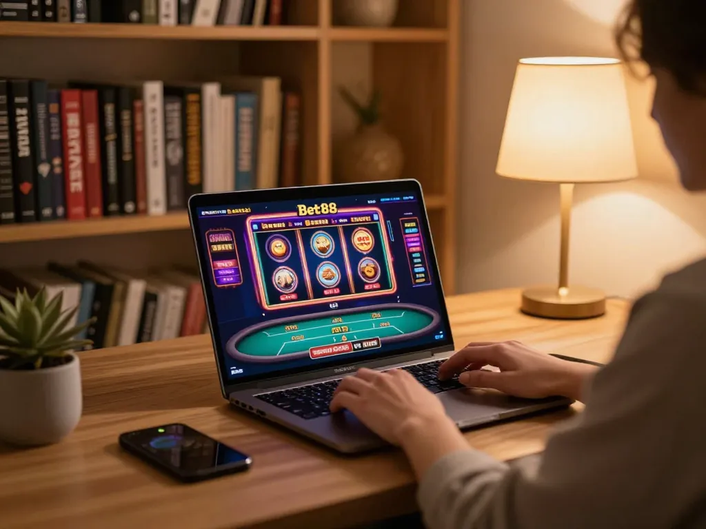 Engaged player using laptop on bet88 for an exciting online casino experience