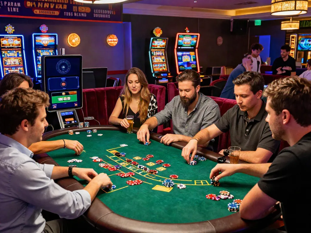 Friends enjoying a lively game at a casino not on Gamstop, showcasing vibrant atmosphere and modern gaming.