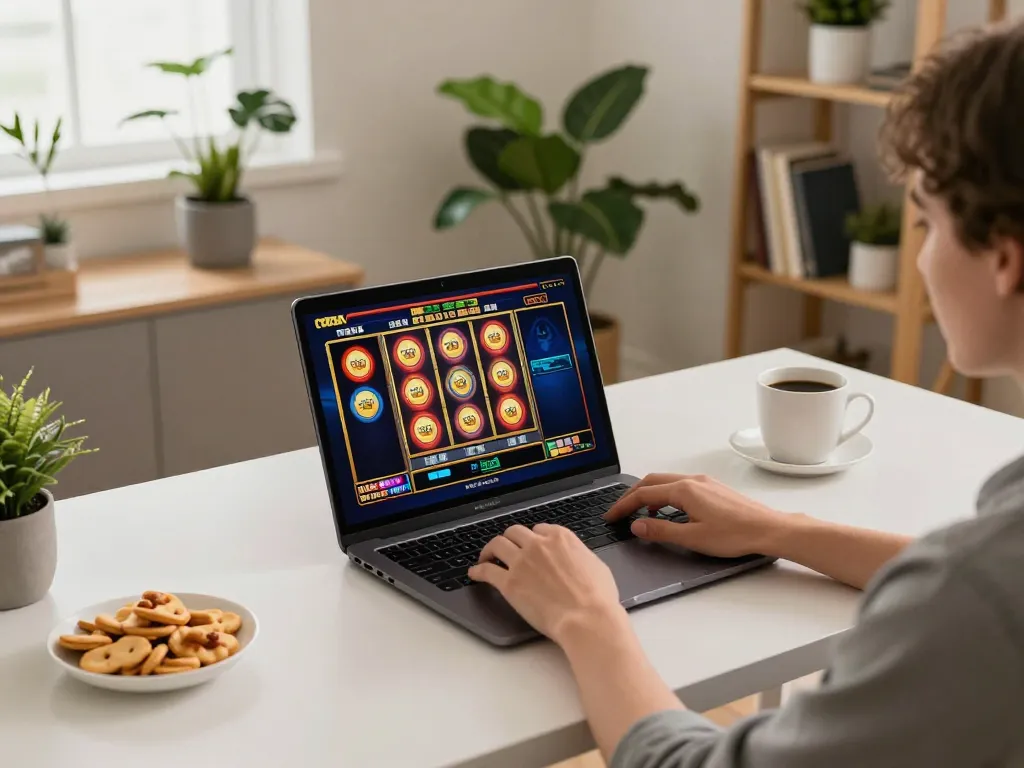 MM88 player enjoying an online slot game on their laptop at home, showcasing engaging gameplay and cozy atmosphere
