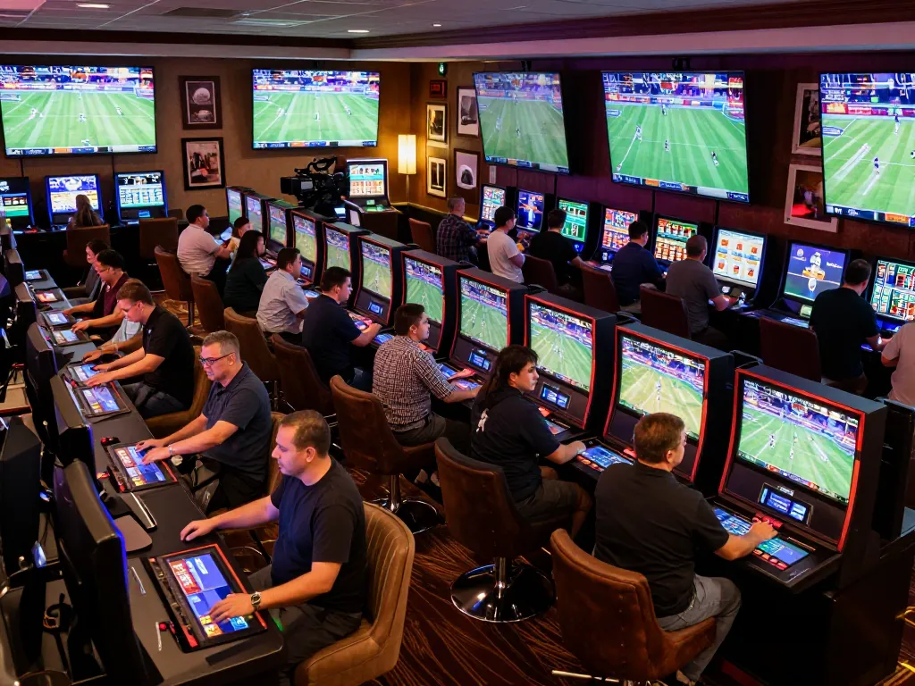 Engaged patrons placing bets at 789WIN sports betting lounge, showcasing excitement and live action.