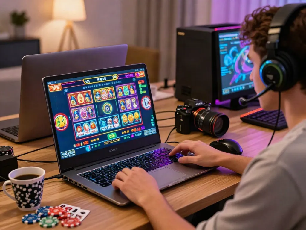Player enjoying casino not on GamStop gaming experience on a laptop in a cozy home office