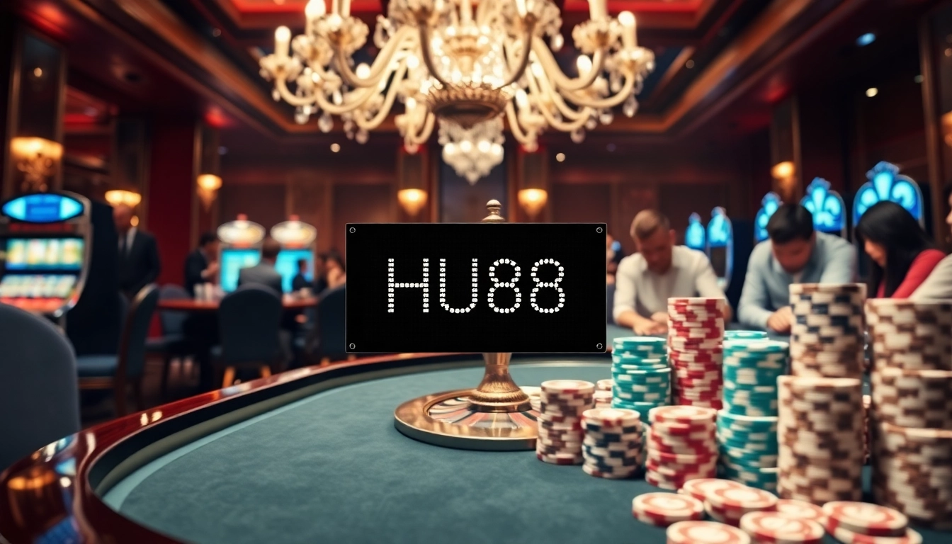 Engage in an exciting casino game scene featuring HU88, a roulette wheel surrounded by players and poker chips.