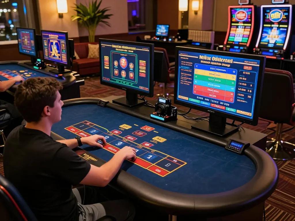 Engaging user placing bets on F8bet's live casino, featuring vibrant gaming interfaces and a modern setup.