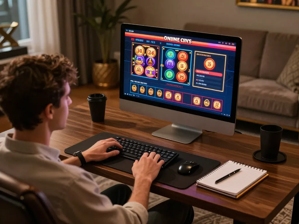 Engage with luck8 online casino from a luxurious home gaming setup, selecting bets on vibrant slot screens.