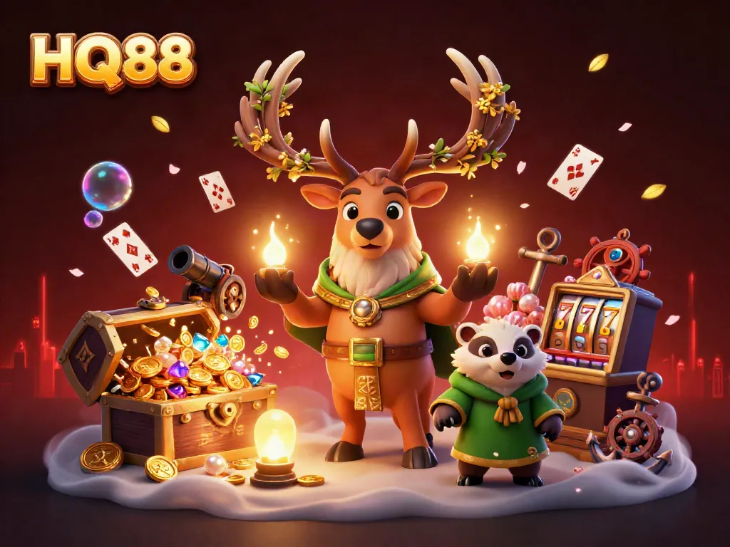 Engage with HQ88's vibrant casino ambiance featuring a druid stag and colorful treasures.