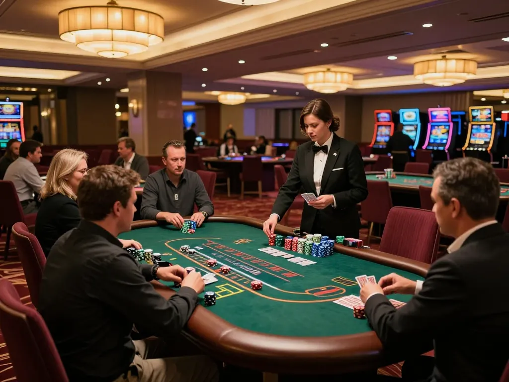 Experience the thrill of blackjack at MM88 casino with players engaged and chips in action