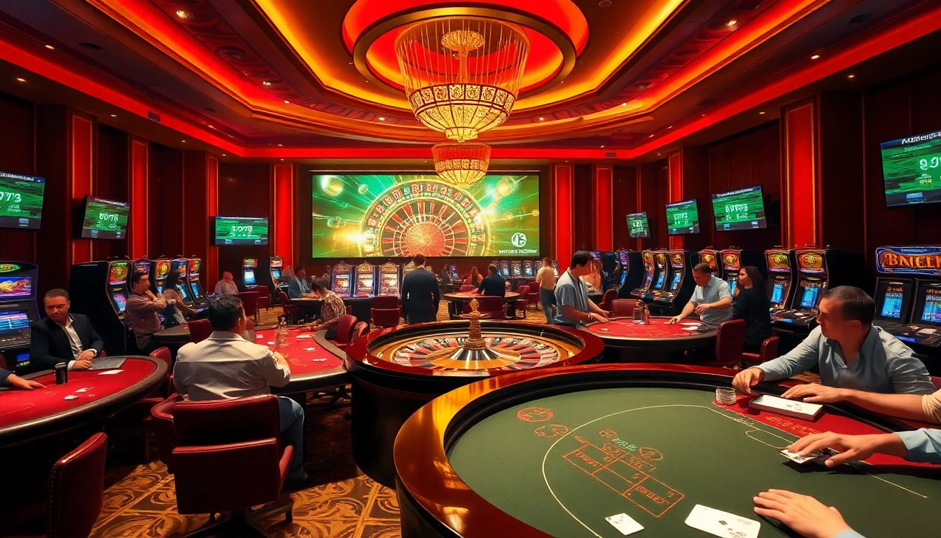 Kèo nhà cái 5 odds displayed in a luxurious casino atmosphere with poker tables and roulette wheel.