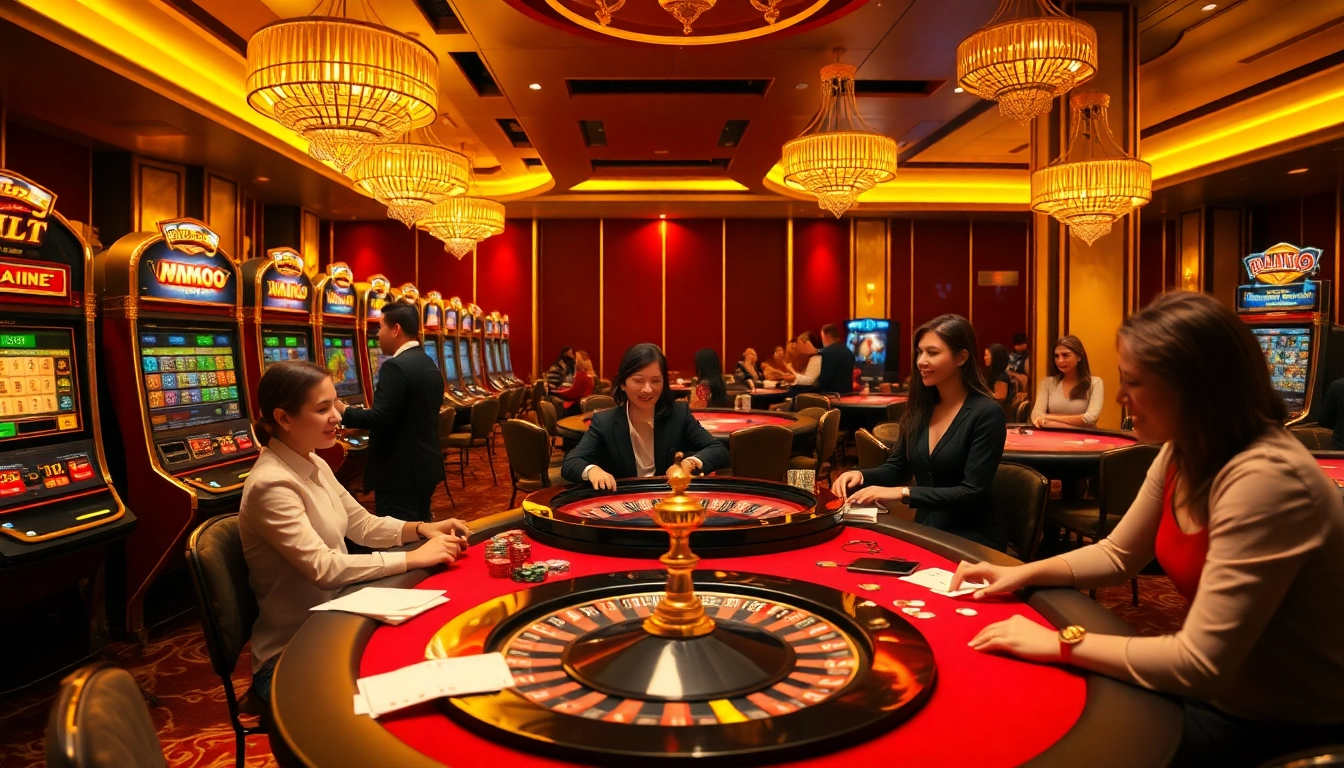 Experience the thrill of mmoo at a luxurious casino, featuring slot machines and poker tables.