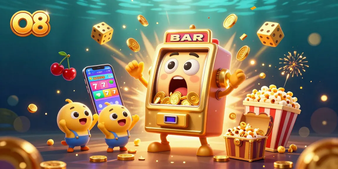 O8's animated slot machine wins big, showering coins, with dynamic elements of casino games.