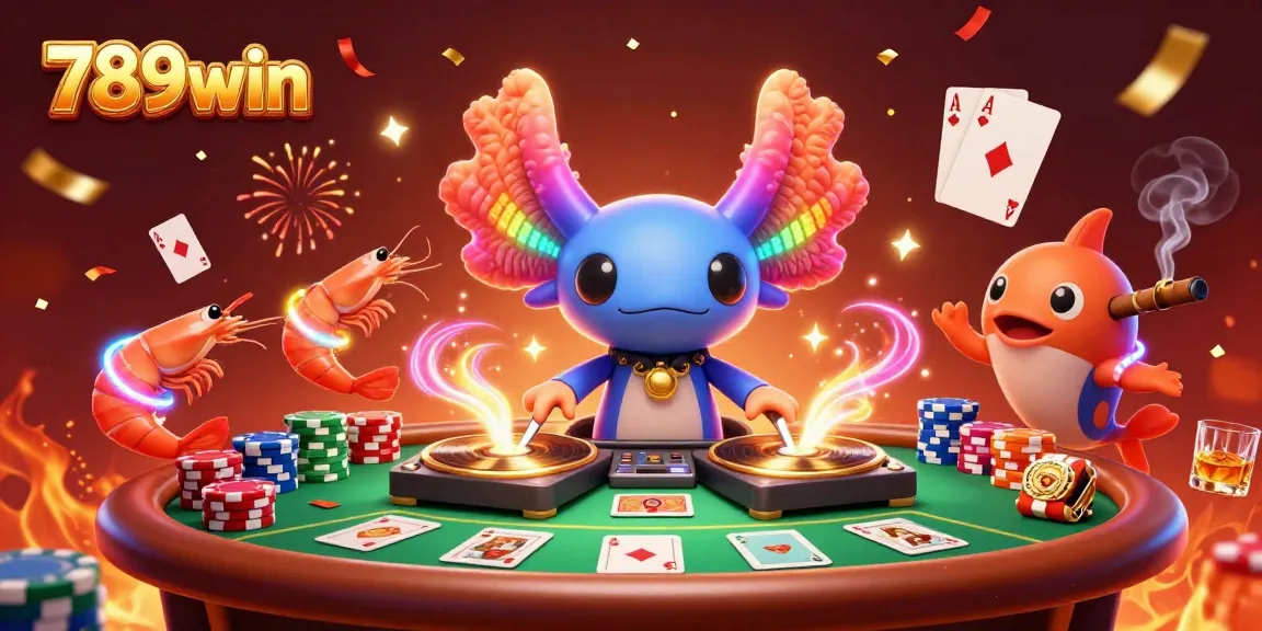 Experience the vibrant energy of 789win with a neon axolotl DJ and dynamic poker action.