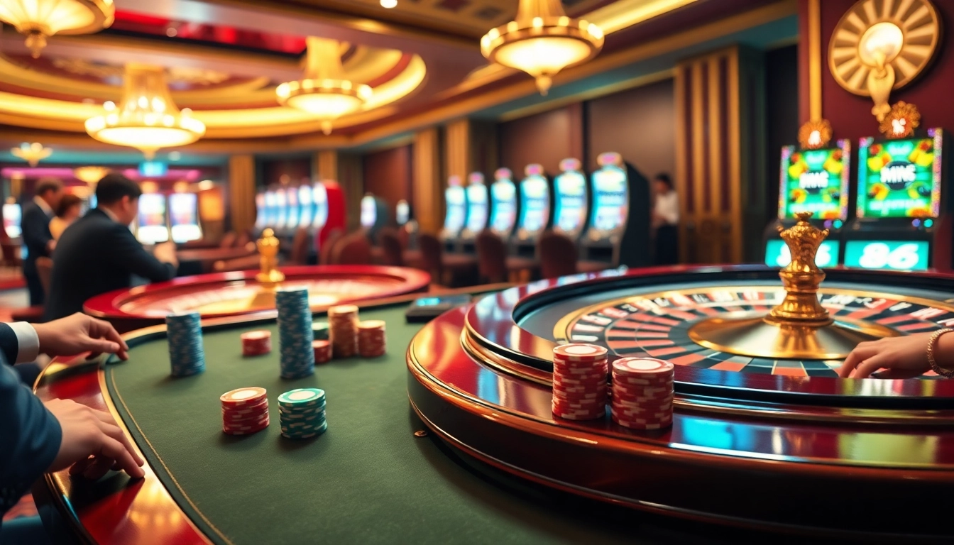 W88 casino scene featuring high-stakes poker, roulette wheel, and vibrant slot machines.