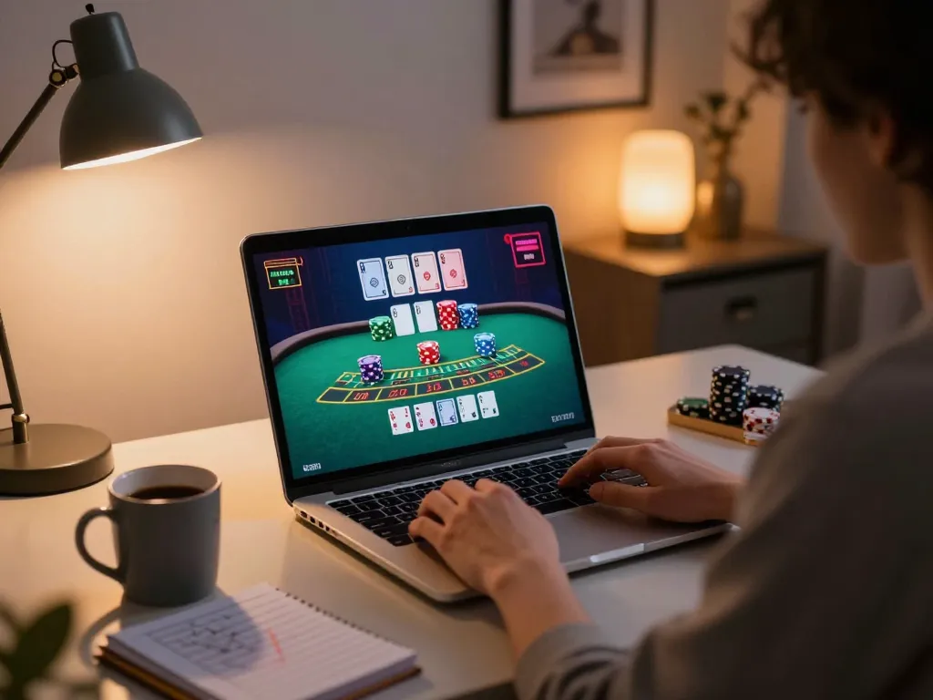 Kuwin player enjoying live blackjack on laptop at home, showcasing strategic gameplay and cozy atmosphere.