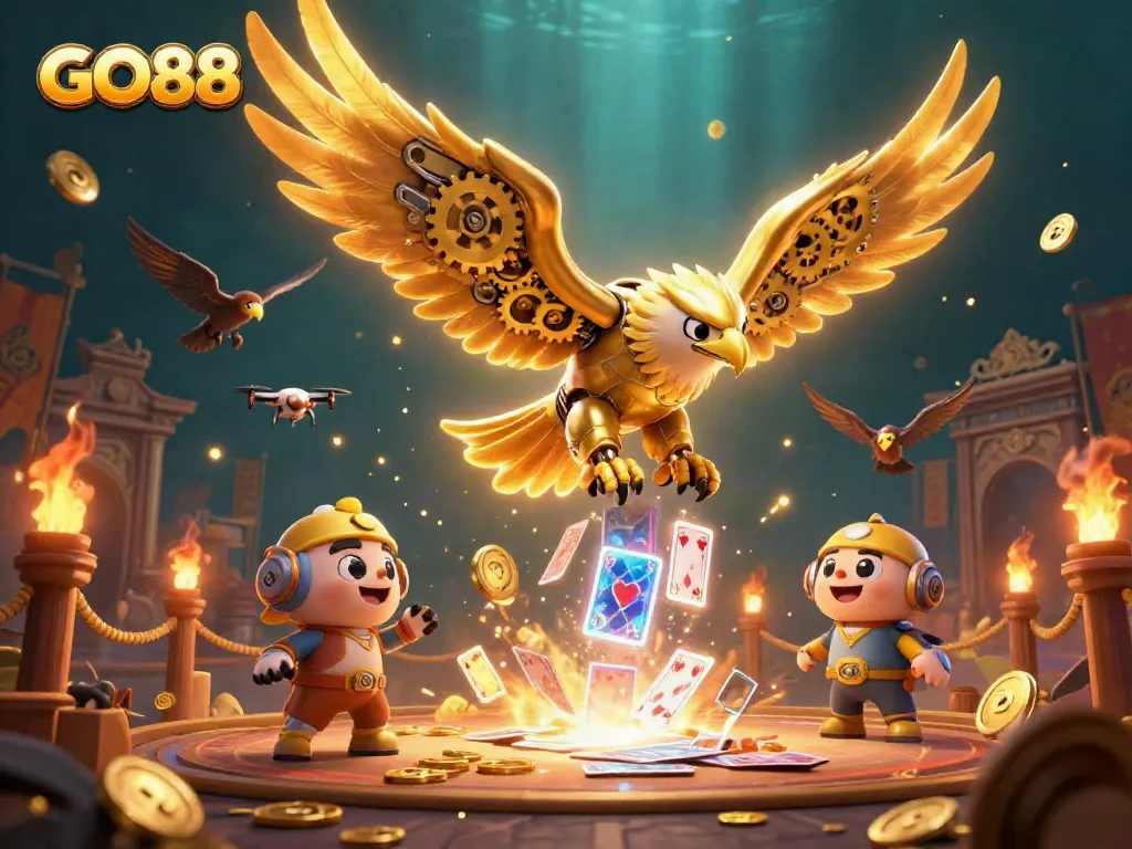 Experience thrilling gameplay at GO88 with a cybernetic eagle soaring through holographic cards and golden tokens.