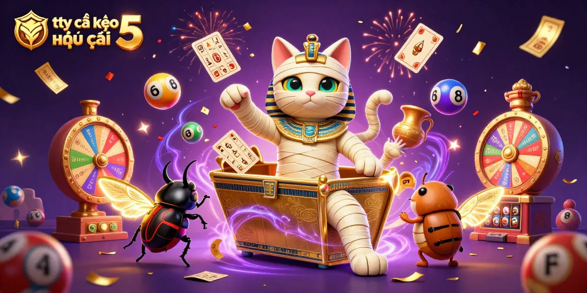 Engage with tỷ lệ kèo nhà cái 5 through an exciting mummified cat characters in a rich, dynamic casino setting.