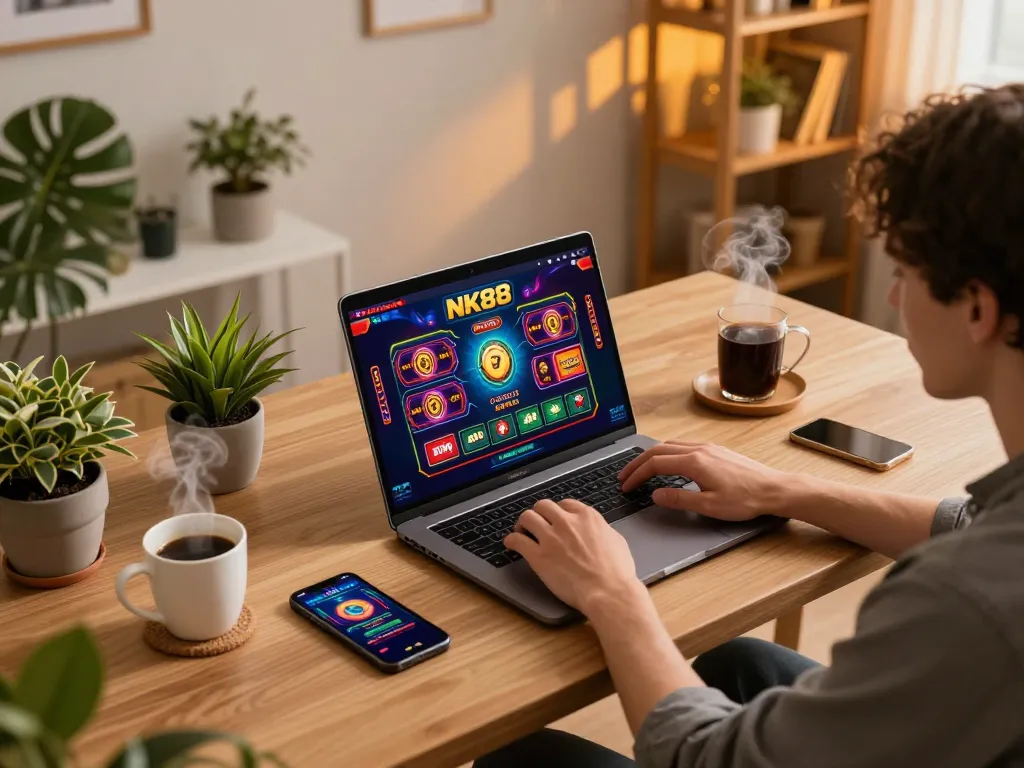 Engaging online gaming experience on NK88 with a stylish setup and vibrant screen.