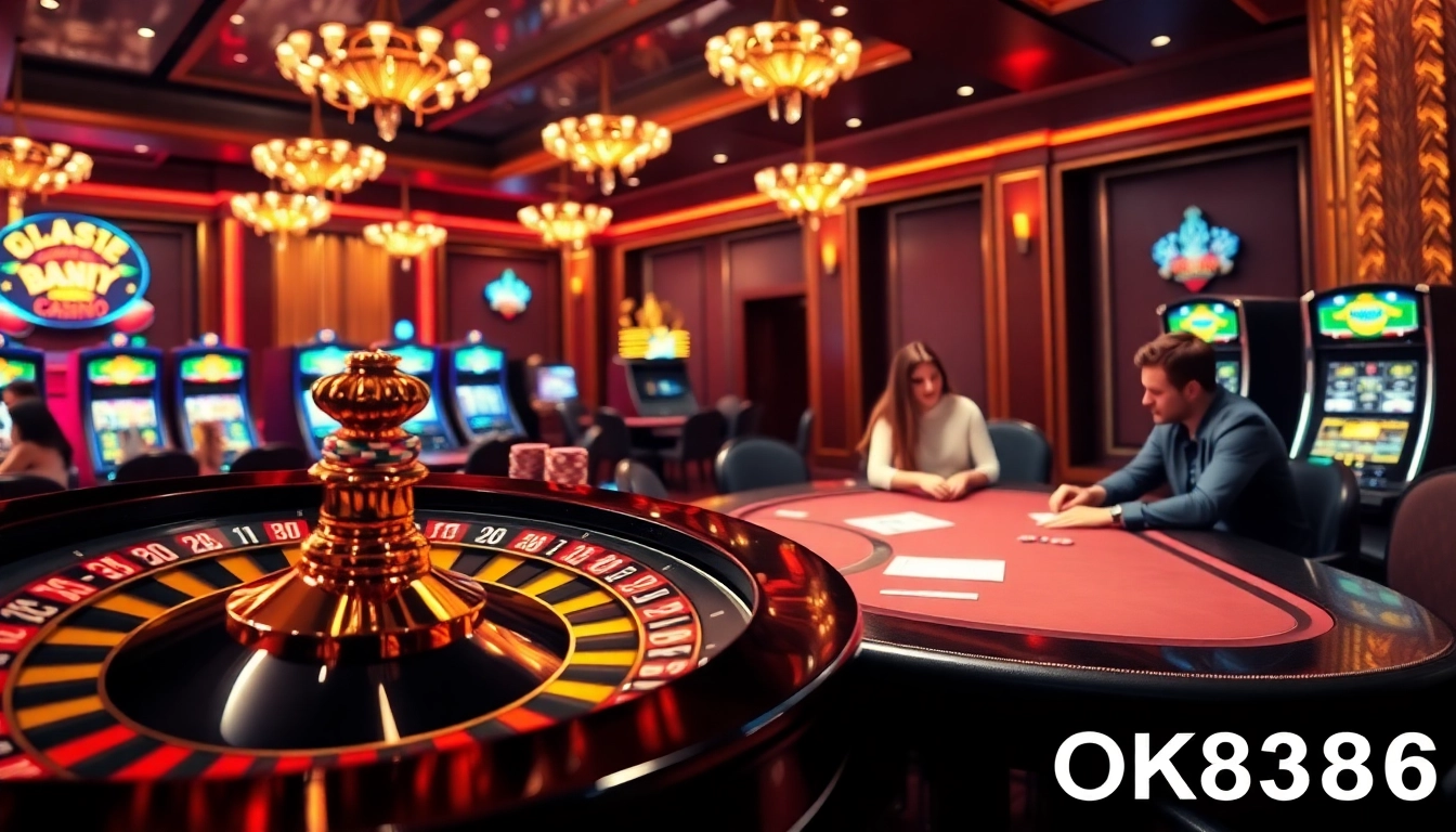 Players enjoy a thrilling moment in the OK8386 casino environment, surrounded by colorful chips and slot machines.