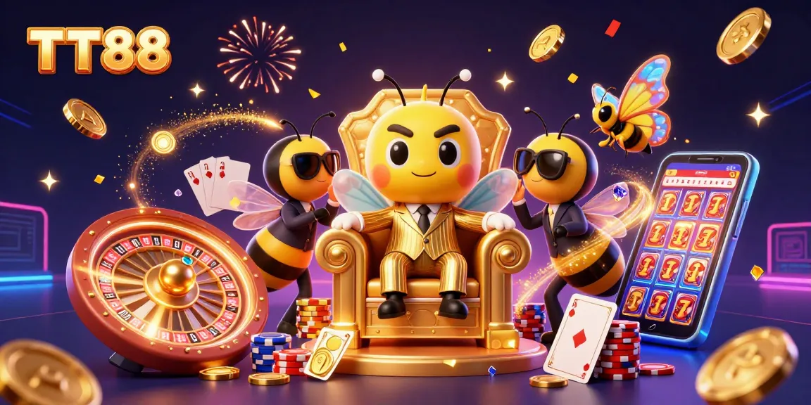 Experience TT88's vibrant casino atmosphere with a dynamic 3D bumblebee mob boss and gaming elements.