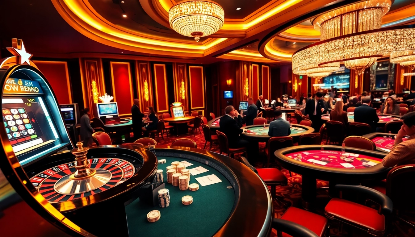 Players enjoying a thrilling game atmosphere at https://hu88u.com/, featuring a roulette wheel and poker tables.