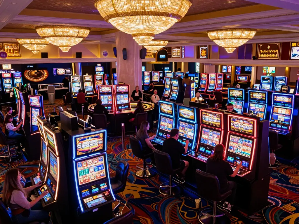 Players enjoying thrilling slot games at ta888 casino, with vibrant lights and an exciting atmosphere