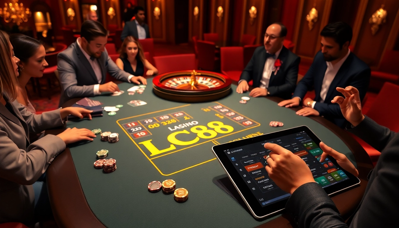 Experience the thrill of gambling at LC88's vibrant casino tables with poker chips and roulette.